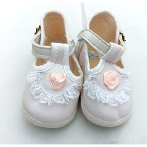 VTG Baby Girl Booties White Mary Jane Pink Rose Lace Newborn Toddletime JCPenney